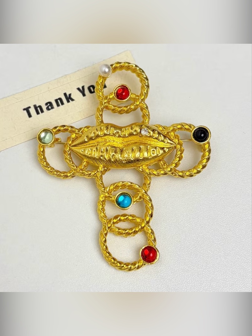 Schiaparelli Inspired Gold-Tone Multistone Lip Motif Brooch